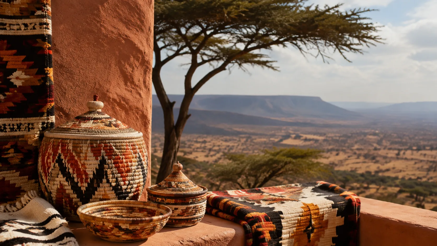 Concept still life of woven crafts overlooking an Ethiopian landscape